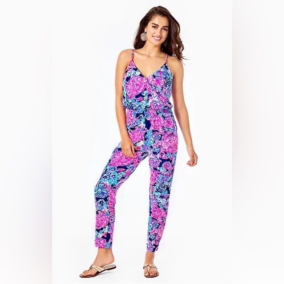 Lilly Pulitzer Pants - NWT Lilly Pulitzer Dante Jumpsuit High Tide Navy Pink In Turtle Amazement Size M